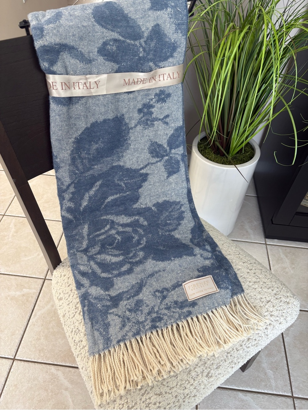 Made in Italy Blue Floral Fringe Throw Blanket